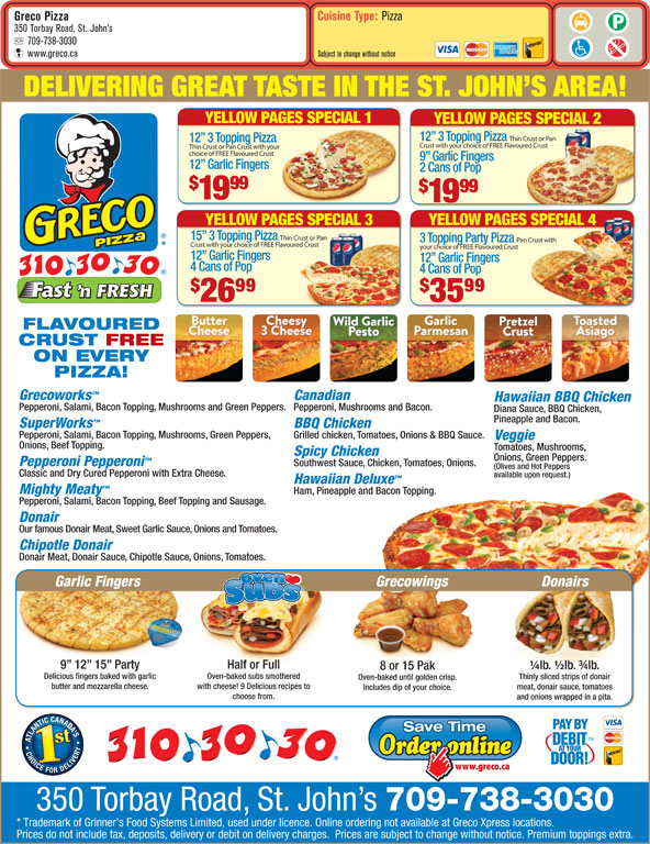 Greco Pizza Menu & Prices 350 Torbay Rd, St John's, NL
