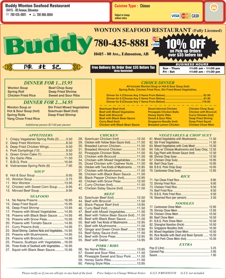 Buddy Wonton Seafood Restaurant Menu, Hours & Prices 10415 80th