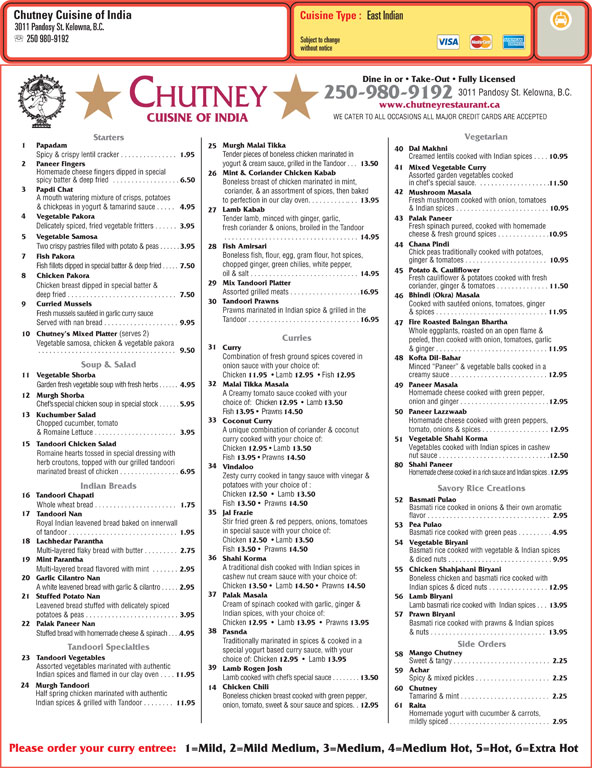 Chutneys Indian Menu at Kathy Homer blog